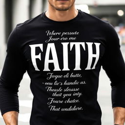 A model wearing a stylish black shirt, featuring elegant and inspirational quotes of faith in artistic typography