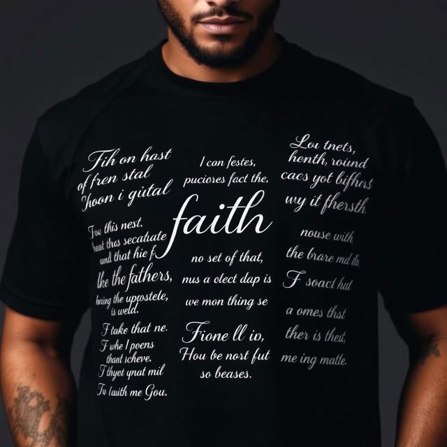 A model wearing a stylish black shirt, featuring elegant and inspirational quotes of faith in artistic typography