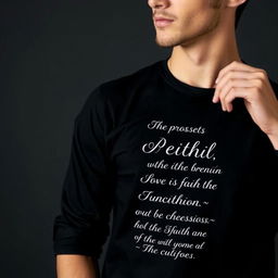 A model wearing a stylish black shirt, featuring elegant and inspirational quotes of faith in artistic typography