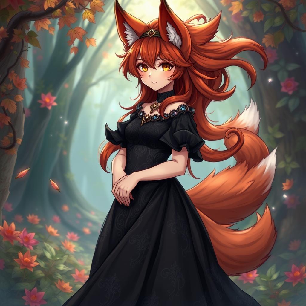 A daemon fox girl with a captivating smile, standing gracefully in a beautifully crafted black dress