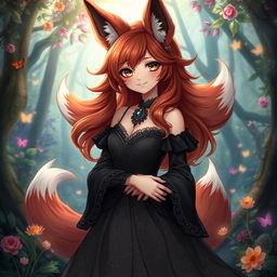 A daemon fox girl with a captivating smile, standing gracefully in a beautifully crafted black dress