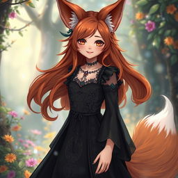 A daemon fox girl with a captivating smile, standing gracefully in a beautifully crafted black dress