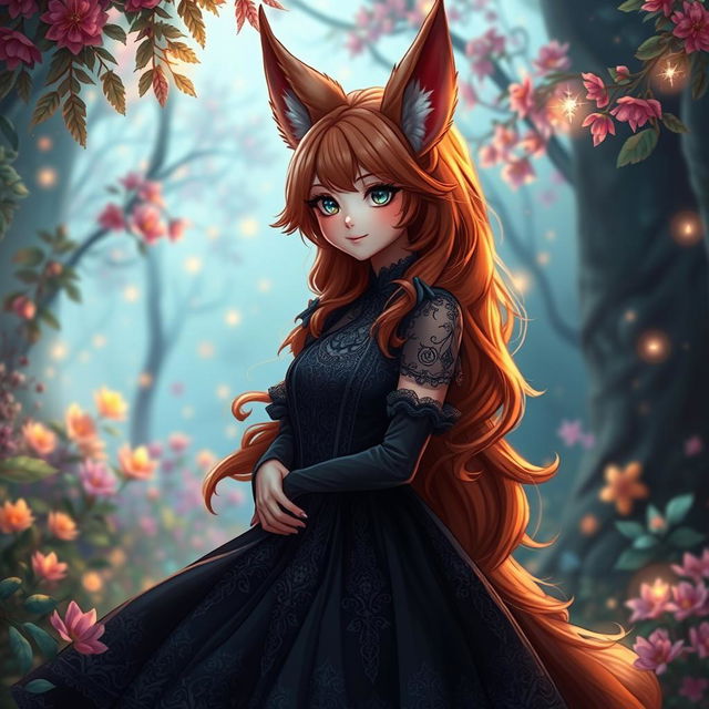 A daemon fox girl with a captivating smile, standing gracefully in a beautifully crafted black dress