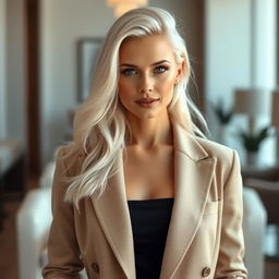 A beautiful woman with fair skin and white hair, wearing an unbuttoned blazer