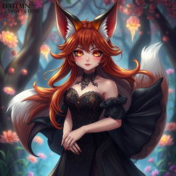 A daemon fox girl with a mesmerizing presence, wearing a beautifully crafted black dress