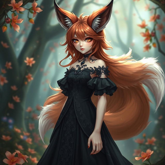 A daemon fox girl with a mesmerizing presence, wearing a beautifully crafted black dress