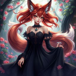 A daemon fox girl with a mesmerizing presence, wearing a beautifully crafted black dress