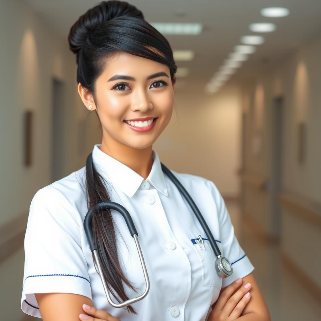 A beautiful and attractive Malaysian nurse, wearing a stylish yet professional white nurse uniform