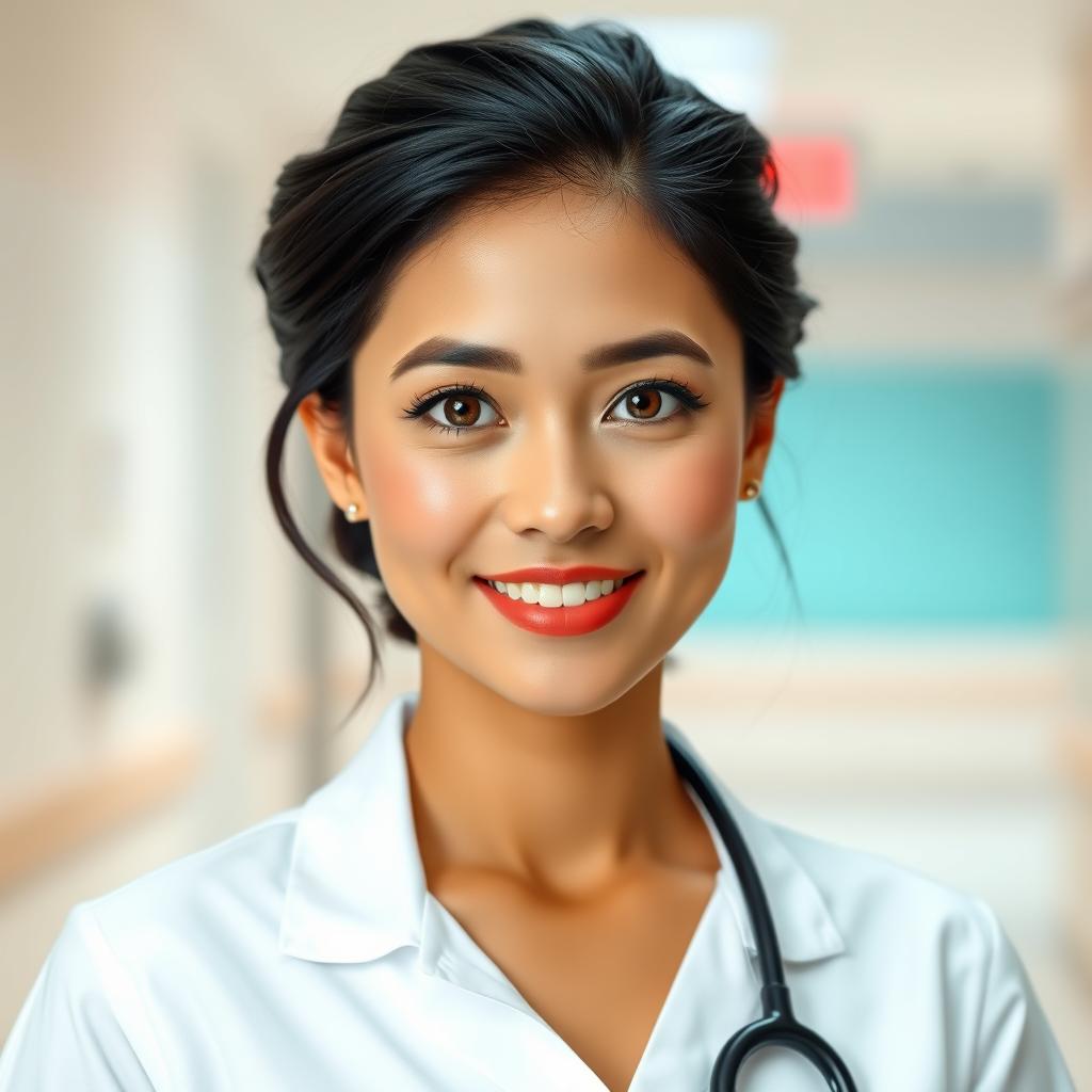 A beautiful and attractive Malaysian nurse, wearing a stylish yet professional white nurse uniform