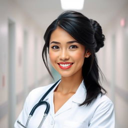 A beautiful and attractive Malaysian nurse, wearing a stylish yet professional white nurse uniform