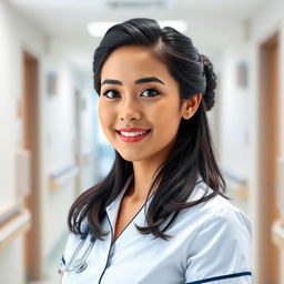 A beautiful and attractive Malaysian nurse, wearing a stylish yet professional white nurse uniform