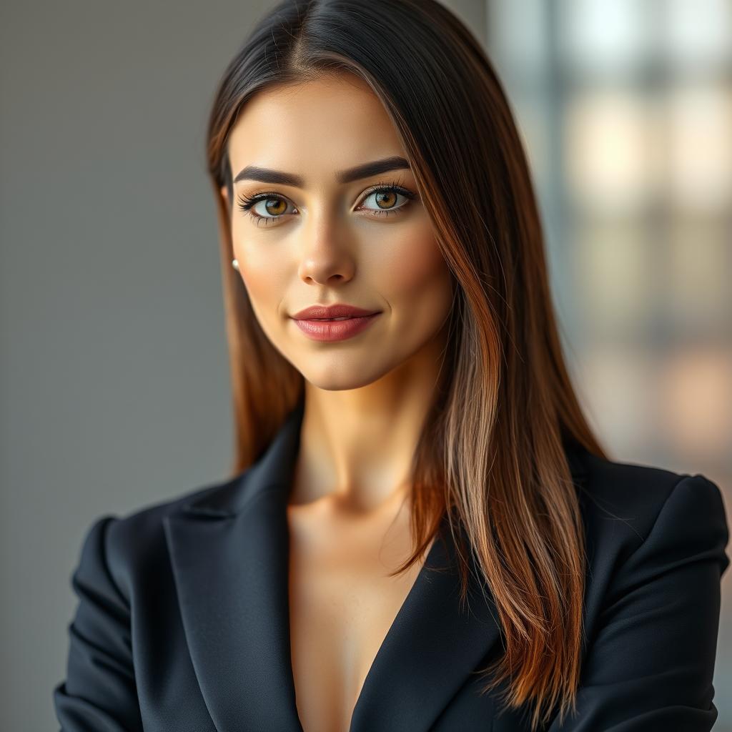 A beautiful office woman with fair skin and straight hair, wearing a black suit with a hint at her cleavage