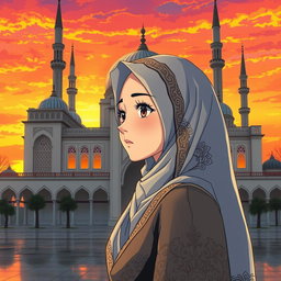 Anime-style artwork featuring a young woman wearing a beautifully detailed hijab, standing in front of a grand mosque