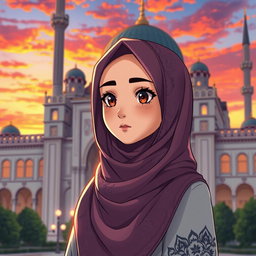 Anime-style artwork featuring a young woman wearing a beautifully detailed hijab, standing in front of a grand mosque