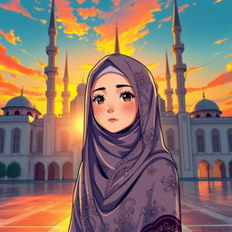 Anime-style artwork featuring a young woman wearing a beautifully detailed hijab, standing in front of a grand mosque