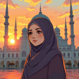 Anime-style artwork featuring a young woman wearing a beautifully detailed hijab, standing in front of a grand mosque