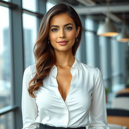 a beautiful office woman showcasing her chest, wearing a stylish office blouse, with a confident and professional expression, in a modern office setting with large windows and city view, elegant hairstyle and minimal makeup, accentuating her natural beauty