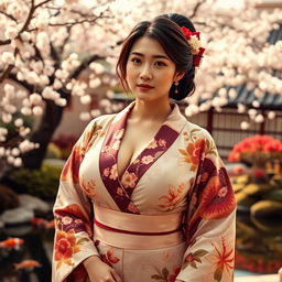 A Japanese woman with voluptuously large breasts, exuding confidence and sensuality, wearing a beautifully crafted traditional kimono with intricate floral patterns