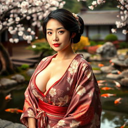 A Japanese woman with voluptuously large breasts, exuding confidence and sensuality, wearing a beautifully crafted traditional kimono with intricate floral patterns