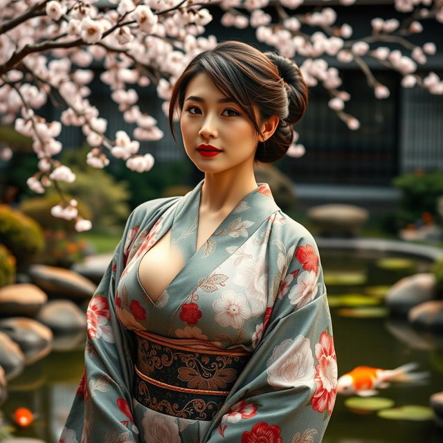 A Japanese woman with voluptuously large breasts, exuding confidence and sensuality, wearing a beautifully crafted traditional kimono with intricate floral patterns