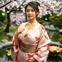 A Japanese woman with voluptuously large breasts, exuding confidence and sensuality, wearing a beautifully crafted traditional kimono with intricate floral patterns