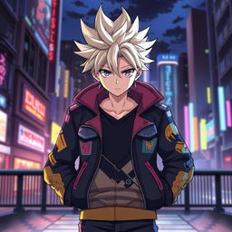 Anime character with spiky hair wearing a stylish jacket, facing the viewer