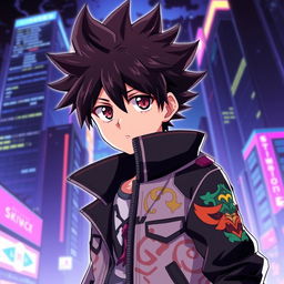 Anime character with spiky hair wearing a stylish jacket, facing the viewer