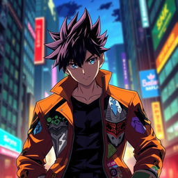 Anime character with spiky hair wearing a stylish jacket, facing the viewer