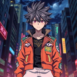 Anime character with spiky hair wearing a stylish jacket, facing the viewer