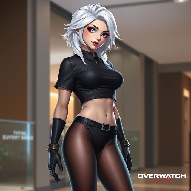Ashe from Overwatch, dressed in black nylon stockings, wearing a black sexy thong and a short t-shirt