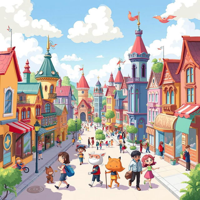 A vibrant and colorful cartoon cityscape with whimsical buildings, bustling streets, and animated characters engaging in lively activities