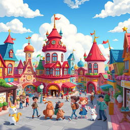 A vibrant and colorful cartoon cityscape with whimsical buildings, bustling streets, and animated characters engaging in lively activities