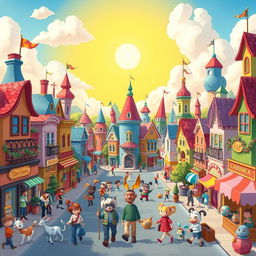 A vibrant and colorful cartoon cityscape with whimsical buildings, bustling streets, and animated characters engaging in lively activities