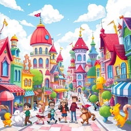 A vibrant and colorful cartoon cityscape with whimsical buildings, bustling streets, and animated characters engaging in lively activities