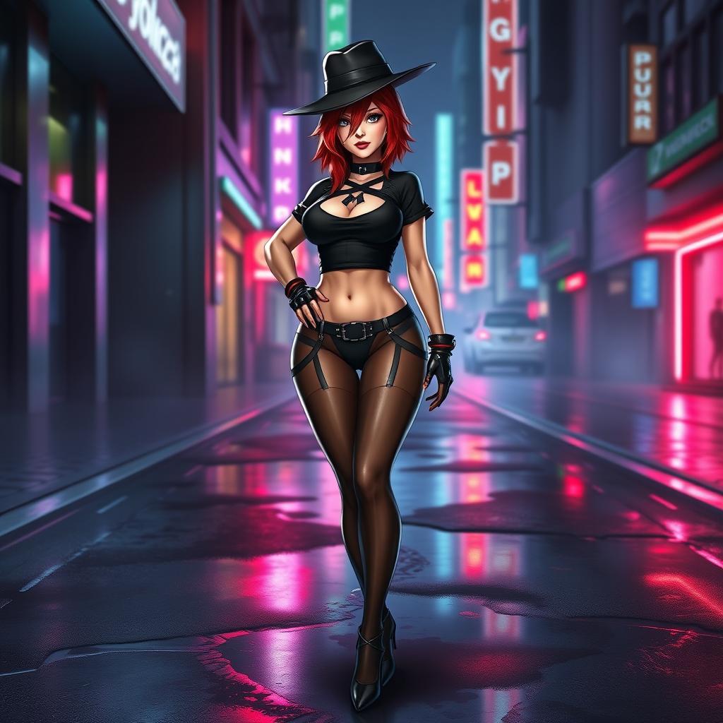 Ashe from Overwatch standing confidently, wearing elegant black nylon stockings that accentuate her legs, paired with a black sexy thong, and a chic cropped t-shirt that adds a rebellious flair to her ensemble