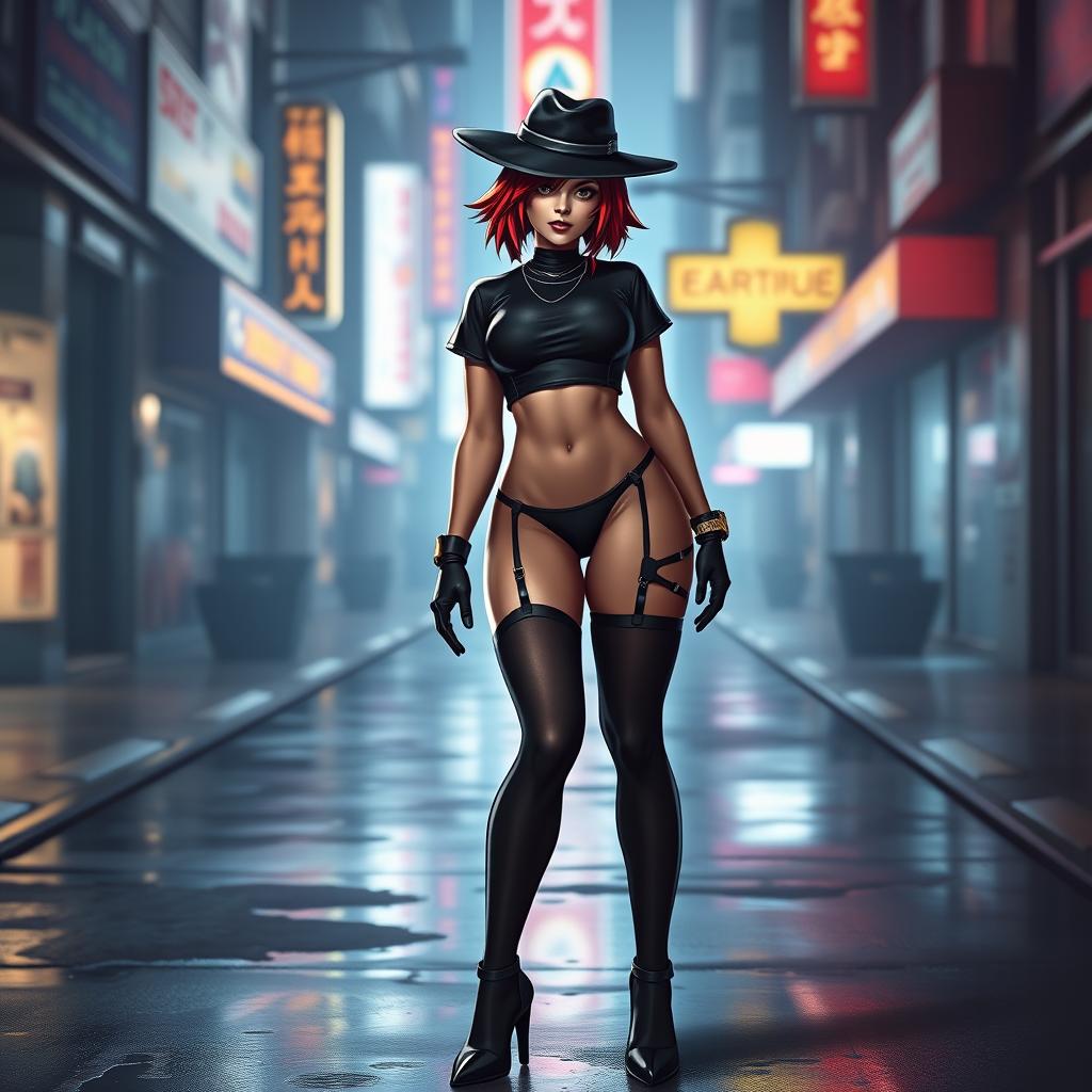 Ashe from Overwatch standing confidently, wearing elegant black nylon stockings that accentuate her legs, paired with a black sexy thong, and a chic cropped t-shirt that adds a rebellious flair to her ensemble