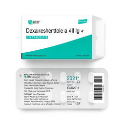 A detailed depiction of a drug package, showcasing a typical drug carton with a blister pack inside