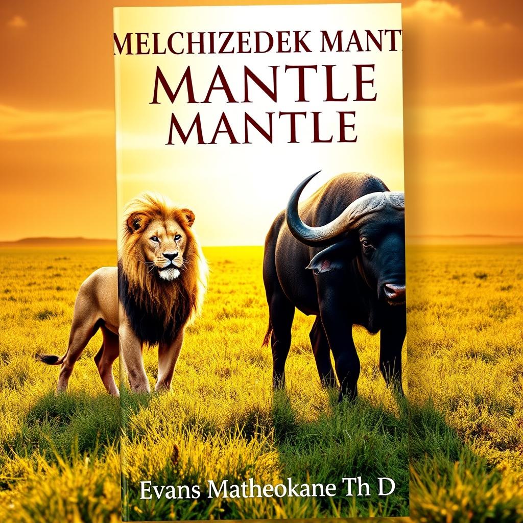 Create a book cover featuring a powerful lion and a robust buffalo standing in a lush, open grassland