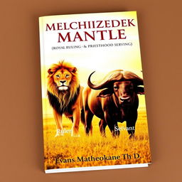 Create a book cover featuring a powerful lion and a robust buffalo standing in a lush, open grassland