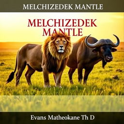 Create a book cover featuring a powerful lion and a robust buffalo standing in a lush, open grassland