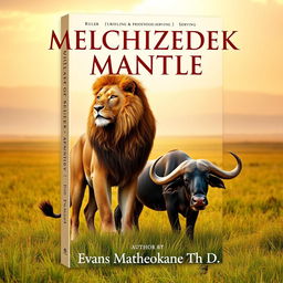 Create a book cover featuring a powerful lion and a robust buffalo standing in a lush, open grassland