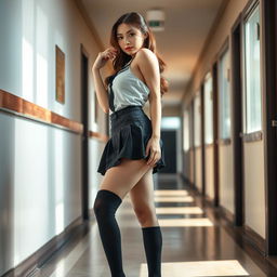 A sensual, full-body portrait of an 18-year-old high school girl, dressed in a JK uniform with a short skirt