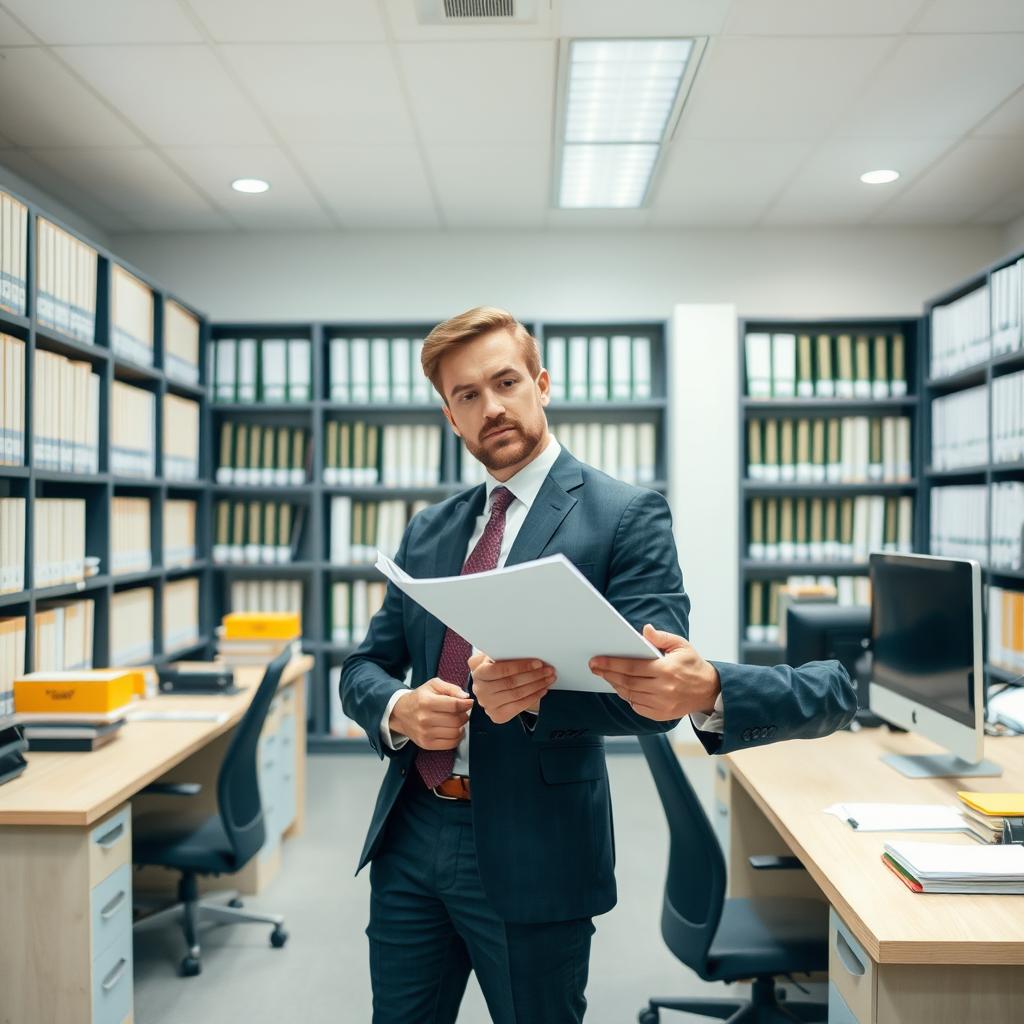 A professional lawyer in a sleek suit, standing confidently in a modern land registry office