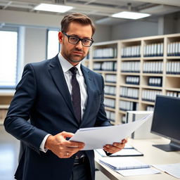 A professional lawyer in a sleek suit, standing confidently in a modern land registry office