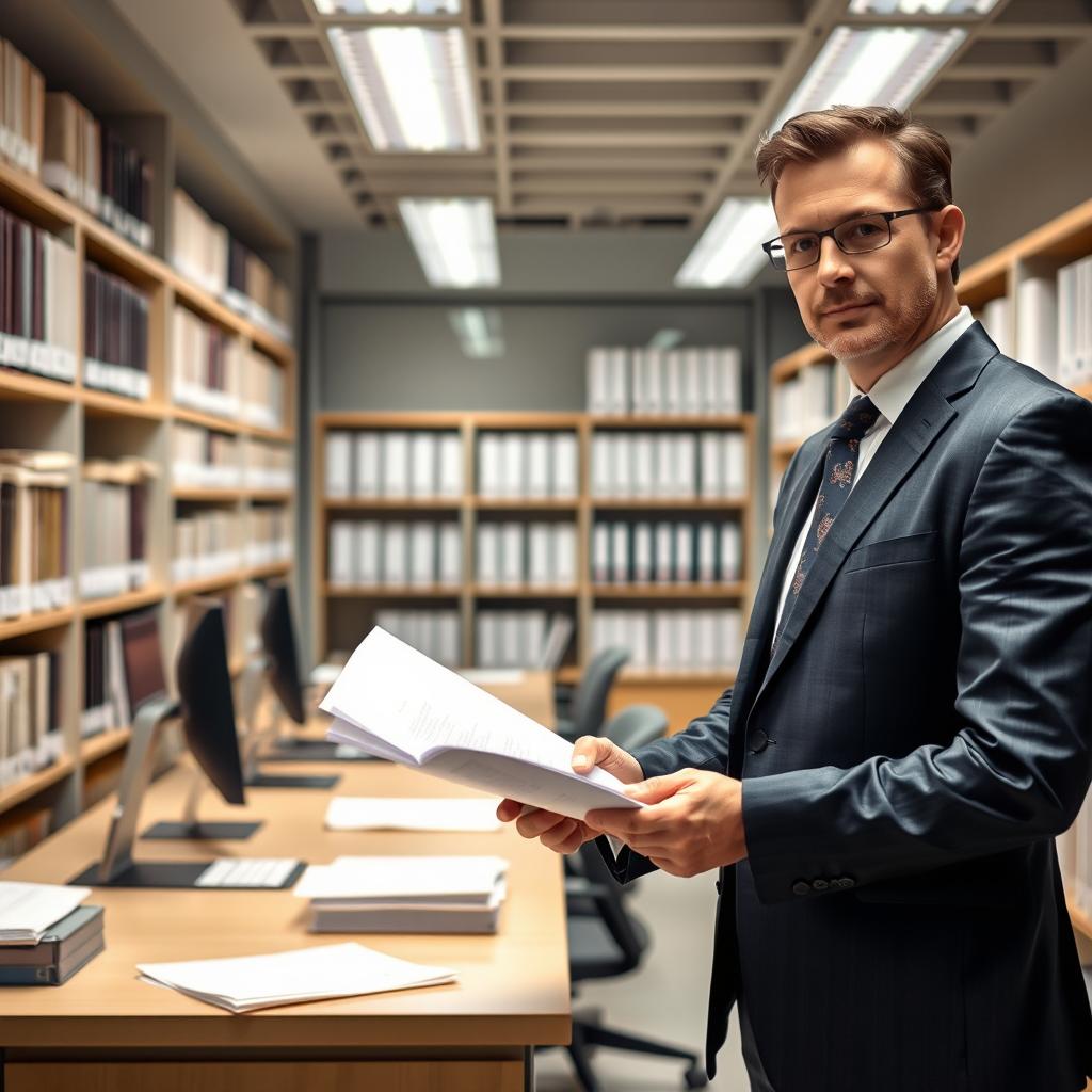 A professional lawyer in a sleek suit, standing confidently in a modern land registry office