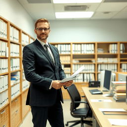 A professional lawyer in a sleek suit, standing confidently in a modern land registry office