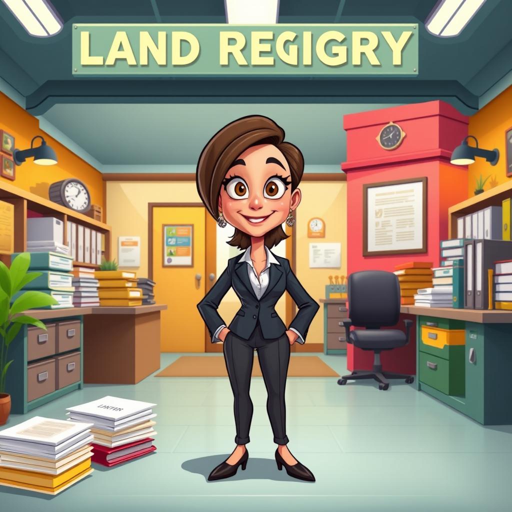 A cartoon depiction of a woman lawyer standing confidently in a colorful, animated land registry office