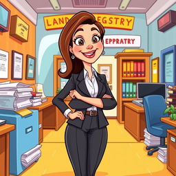 A cartoon depiction of a woman lawyer standing confidently in a colorful, animated land registry office