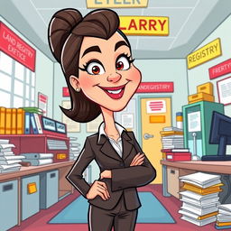 A cartoon depiction of a woman lawyer standing confidently in a colorful, animated land registry office