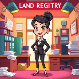 A cartoon depiction of a woman lawyer standing confidently in a colorful, animated land registry office